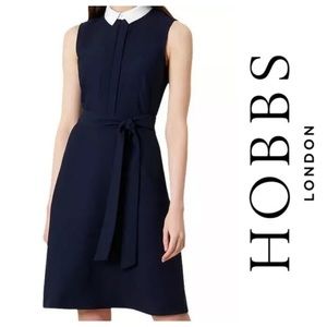 Hobbs London 10 Navy Sleeveless Dress Belted $176